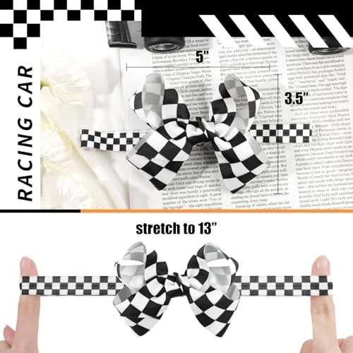 Lazo de pelo a cuadros de 5" lazo blanco y negro con bandera a cuadros de carreras Foto 4 de 4