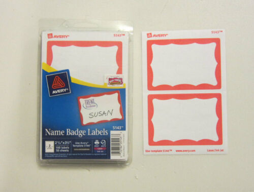 30  RED BORDER BADGES NAME TAGS ID LABELS ADHESIVE PEEL LABEL AVERY DENNISON - Afbeelding 1 van 3