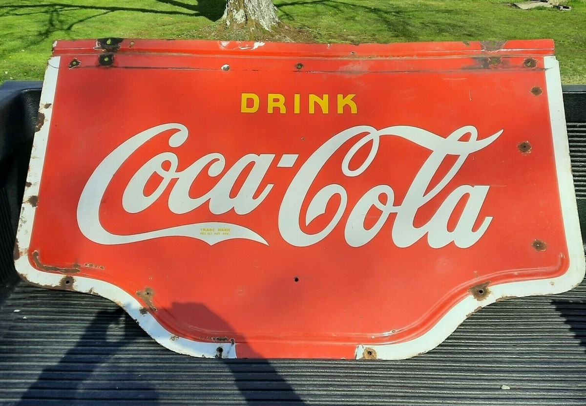 Large 1938 Drink Coca-Cola Double Sided Porcelain Metal Sign Store