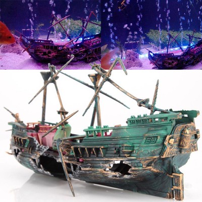 24x12cm Aquarium Ornament Boat Large Plactic Sunk Pirate Ship Fish
