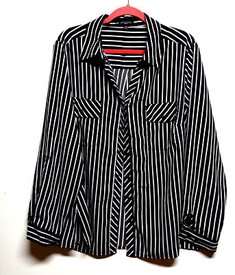 Notations striped shirt womens plus Sz 3x top black white STRETCH roll tab sleev