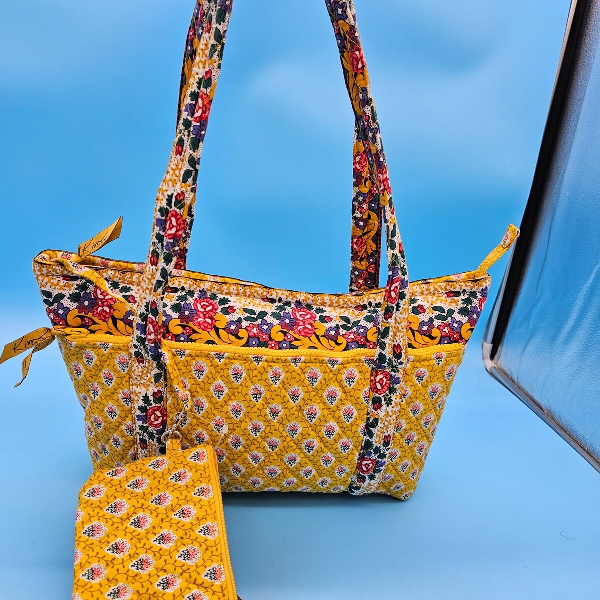 NWOT Large Kim Rogers Cotton Quilted piece purse tote bag Yellow Pink  Flowers