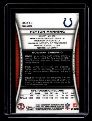 2008 Bowman Chrome Refractor #BC113 Peyton Manning Colts HOF - Picture 2 of 2