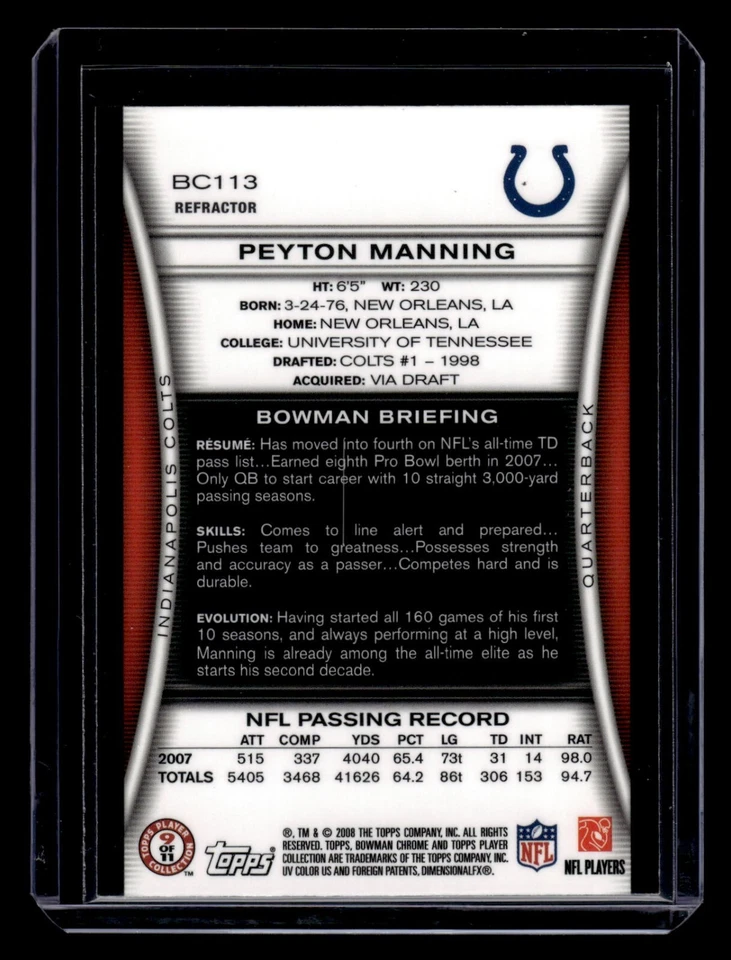 2008 Bowman Chrome Refractor #BC113 Peyton Manning Colts HOF - Image 2 of 2