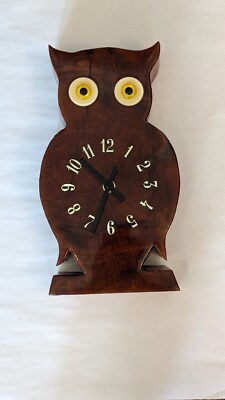 Hand Made Owl Wall Clock 12.5''x7.5''x2'' Lacquered Wood Mid Century