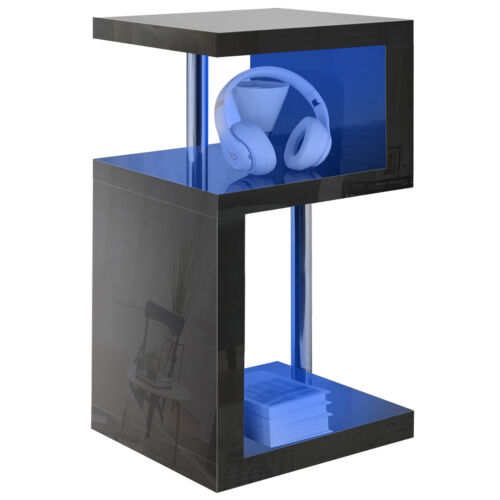 Mesa de centro lateral de alto brillo de 2 niveles mesa de cabecera con luz LED sala de estar - Imagen 18 de 43