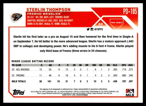 Topps Pro Debut 2023 Sterlin Thompson automático PD-185 - Imagen 2 de 2
