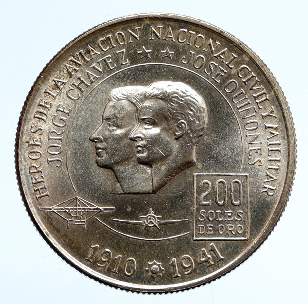 1975 PERU - VINTAGE AVAITION HEROES PILOTS Silver 200 Soles Peruvian Coin  i95796