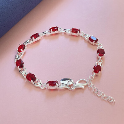 Women Jewelry 925  Silver Filled Red Zircon Chain Bracelet Bangle QH142