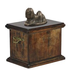 Solid Wood Casket Lhasa Apso Dog Urn for Dog's ashes,with Dog statue.