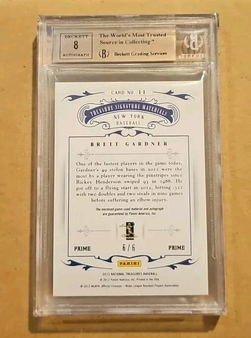 2012 Panini национальные сокровища Бретт Гарднер GU кнопка реликвия авто карта #'d 6/6! - Изображение 2 из 2