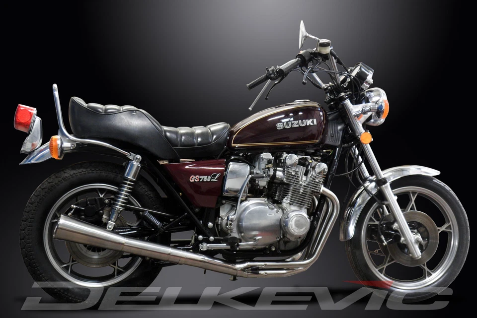 Suzuki GS750L 1979 Delkevic Full Exhaust 4-1 Stainless Classic Megaphone Muffler — 第 3/4 张图片