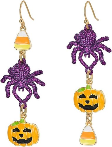Pumpkin Spider Dangle Earrings with Candy Corn - Halloween Jewelry for Women -