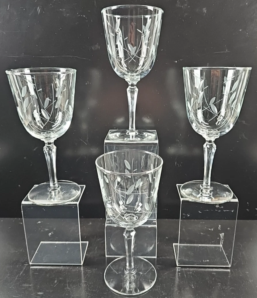 4 Libbey Priscilla Water Goblets Set Vintage Clear Floral Leaf Cut Etch MCM Lot