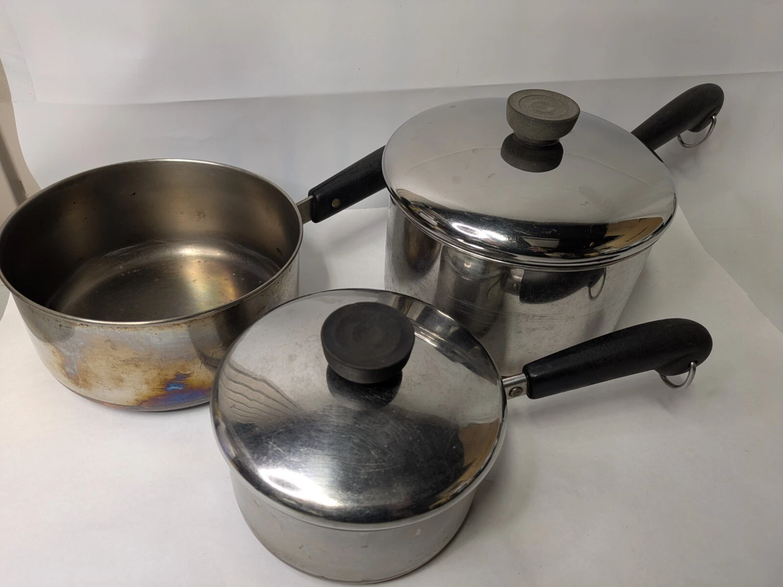 Set of 3 VTG Revere Ware Copper 3, 2 & 1 Qt. Pots Lids 1801 Clinton Ill USA