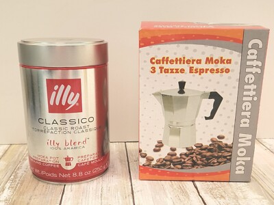 Illy Classico Espresso Ground Coffee, Classic Roast Notes Medium Roast +Moka Pot