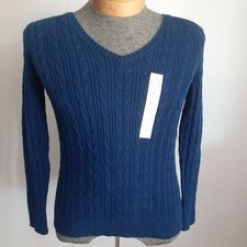 NWT St. John's Bay Women's Blue Sweater V Neck Cable Knit Multiple Sizes 32