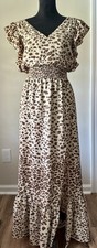 Sleek & Sexy Express Leopard Print V-neck Ruffled Trim High Slit Maxi Dress Sz S