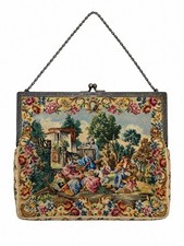 Vintage Scenic Tapestry Needlepoint Evening Bag Floral Frame Kiss Lock Purse