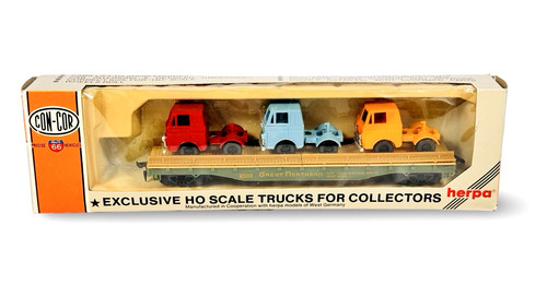 Coche plano Con-Cor 1/87 HO Great Northern (#42593) con 3 carga de camión Herpa | Zustand: New
