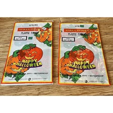2 Vtg Better Home Plastic Corp Halloween Table Cover Pumpkins 52x90" Tablecloth