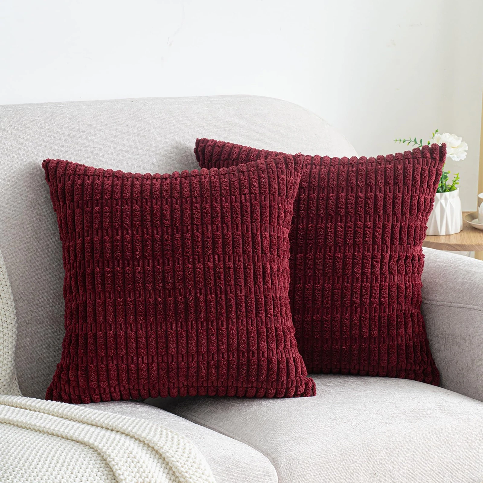 Pack of 2 Burgundy Corduroy Decorative Pillow Covers 18x18 Inch Soft Boho Str...