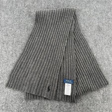 Polo Ralph Lauren Mens Grey Ribbed Knit Lambswool Blend Scarf Pony Logo 80"