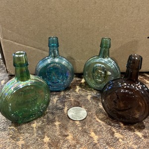 Lot Of 4 Presidents Bottle Blue Green Carnival Glass Wheaton Bottles