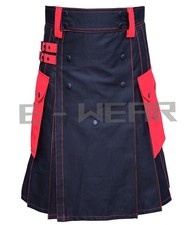 Handmade Scottish Hybrid Kilt   Black  Red Cotton Utility Kilt for Men