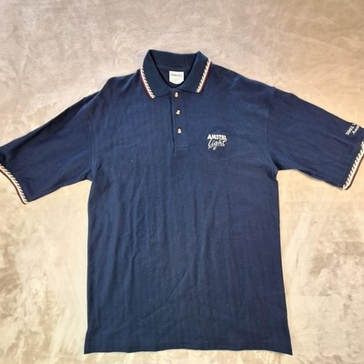 Vintage Amstel Light Polo Shirt Mens XL Blue Herringbone Embroidered Beer 2000s
