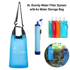 Water Filter Straw with 6L Gravity Bag+4x Collapsible Water Pouch Water Purifier