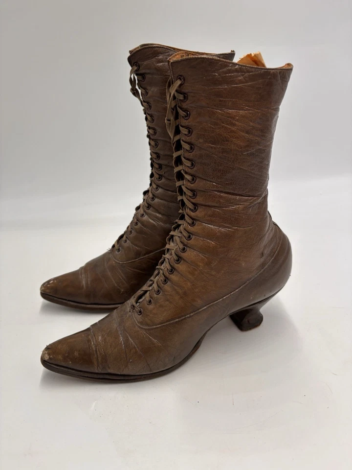Vintage Edwardian Period Brown Leather Lace Up Boots 10” Long Heel Point Toe - Image 2 of 4