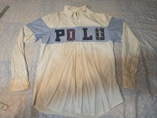 Polo Ralph Lauren Oxford Shirt Mens Medium White Applique Spell Out Logo OCBD