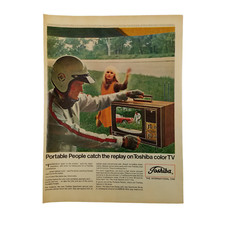 1968 Toshiba Vintage Print Ad Portable People Catch The Replay On Color TV