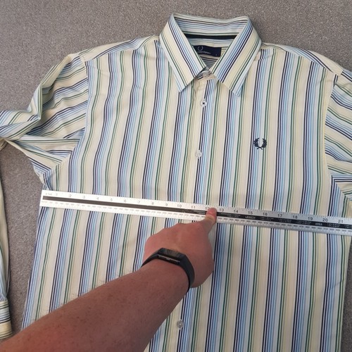 Fred Perry Mens Shirt Large White Blue Green Stripes Casuals Mod Scooter Liam - Picture 5 of 12