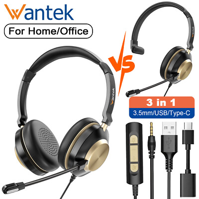 Wantek Headsets USB to Type-C with Microphone 3.5mm Jack Headphones for PC/Phone