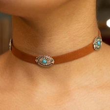 Soft Leather Brown Choker Necklace with Silver & Turquoise Concho