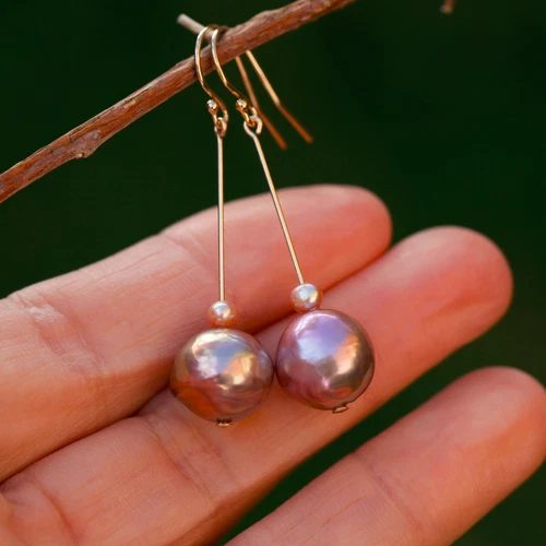 E210 Baroque 11-12mm pearl Natural amazing Gold-Purple 14KGF earring AAAALUSTER  - Picture 2 of 12