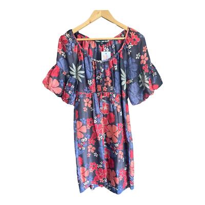 Jasper Conran Silk Black Red Coral Floral Short Bell Sleeved Dress