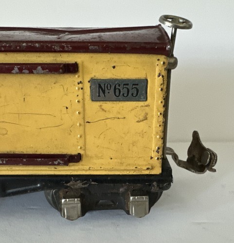 LIONEL O SCALE LINES 655 YELLOW AND BROWN BOX CAR SLIDING DOORS PRE WAR 1939 USA - Picture 5 of 20