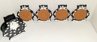 Set of 4 Wooden Cat Drink Coasters with Holder Cork Center SEE PHOTOS FOR DETAIL