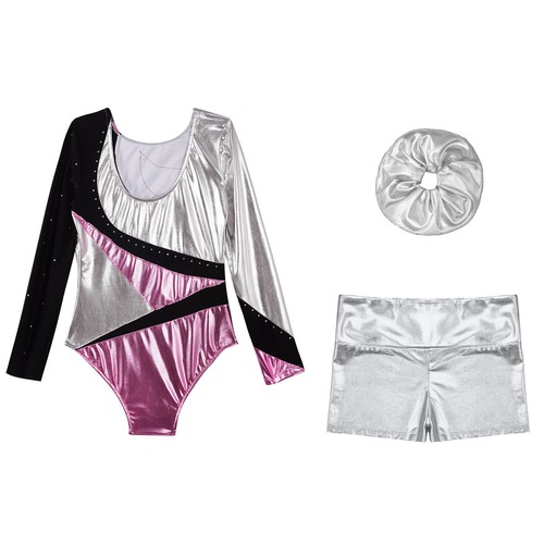 Kids Girls Outfit Metallic Set Rhinestones Dancewear Shiny Round Neckline Dance - Picture 22 of 53