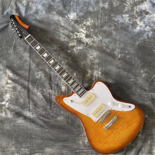 Yellow Flamed Maple Top Electric Guitar P-90 Pickup Solid Body Chrome Hardware
