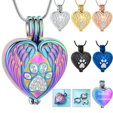 Heart Pendant Crystal Paw Print Pet Memorial Necklace Cremation Dog Cat Ashes
