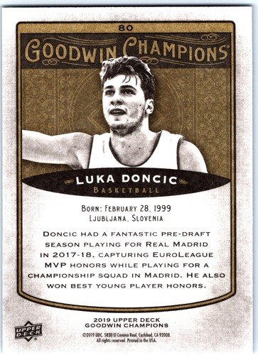 2019 UPPER DECK GOODWIN CHAMPIONS HORIZONTAL - LUKA DONCIC #80 - Picture 2 of 2