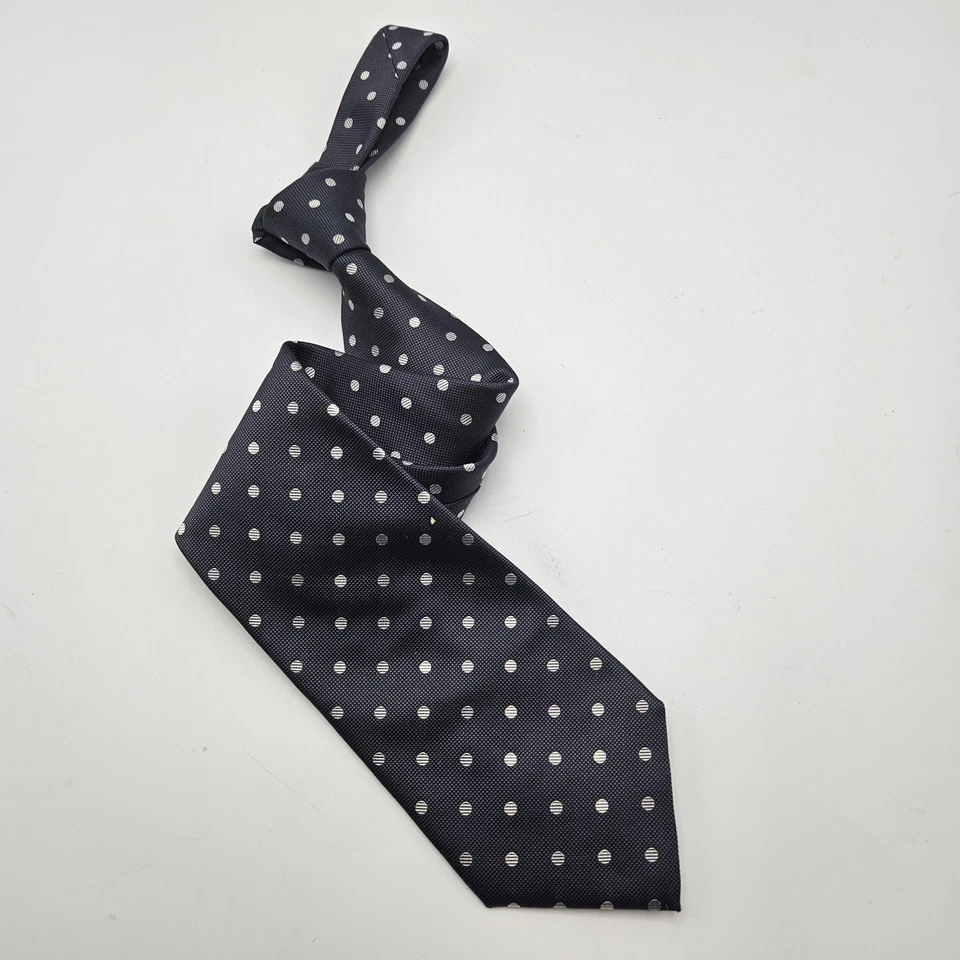 Corbata Dormeuil 100 % seda para hombre 3,75" x 60" azul marino con puntos plateados hecha a mano Italia Foto 2 de 4