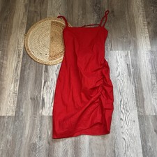 J. CREW COLLECTION Red Strappy Side Ruched Linen Blend Mini Dress
