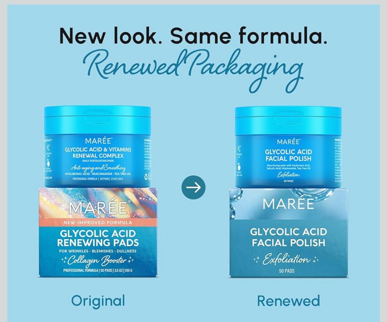 MAREE Glycolic Acid Pads - Toner Pads for Face Cleansing with Tea Tree Oil - Exf