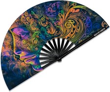 13" Large Rave Fan Folding Hand Fan, Bamboo Festival Clack Fan Foldable UV Glow