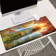 40*90cm1pc Autumn Lake Scene Desk Mat - Non-Slip Rubber Base, XXL Size, Vibrant